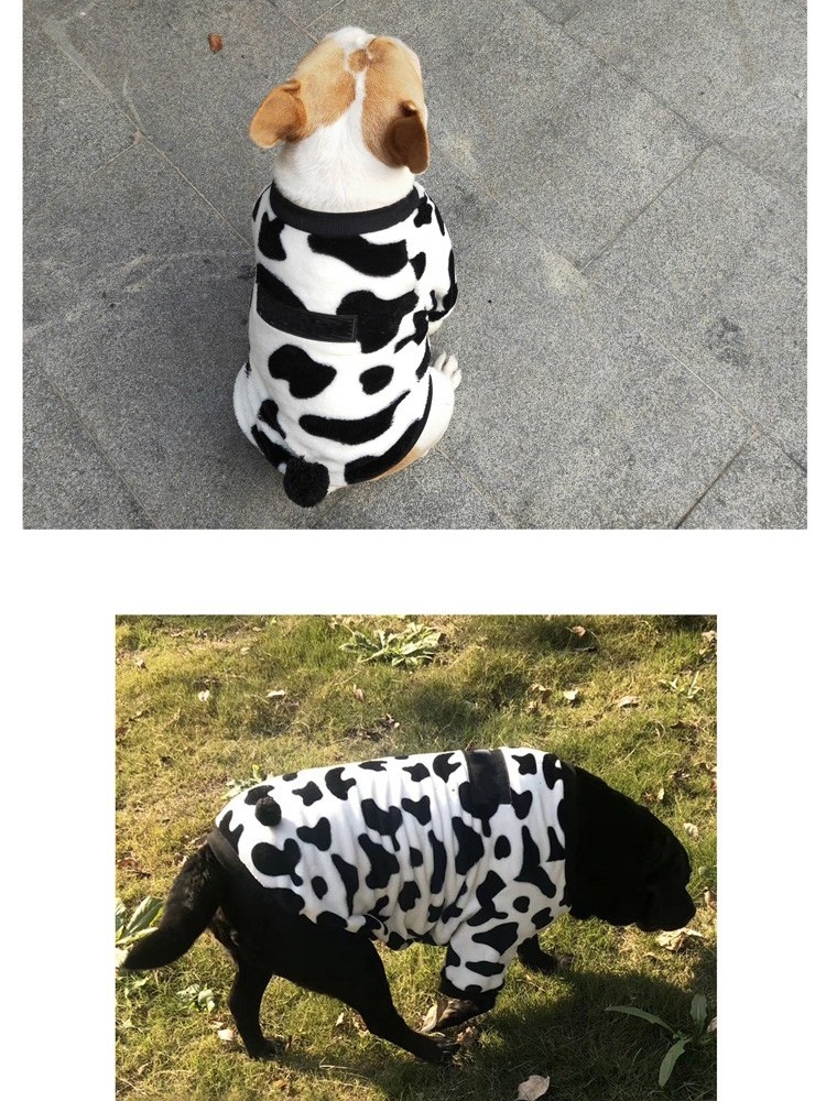 犬服 牛柄もこもこフード付き全身犬服アウター