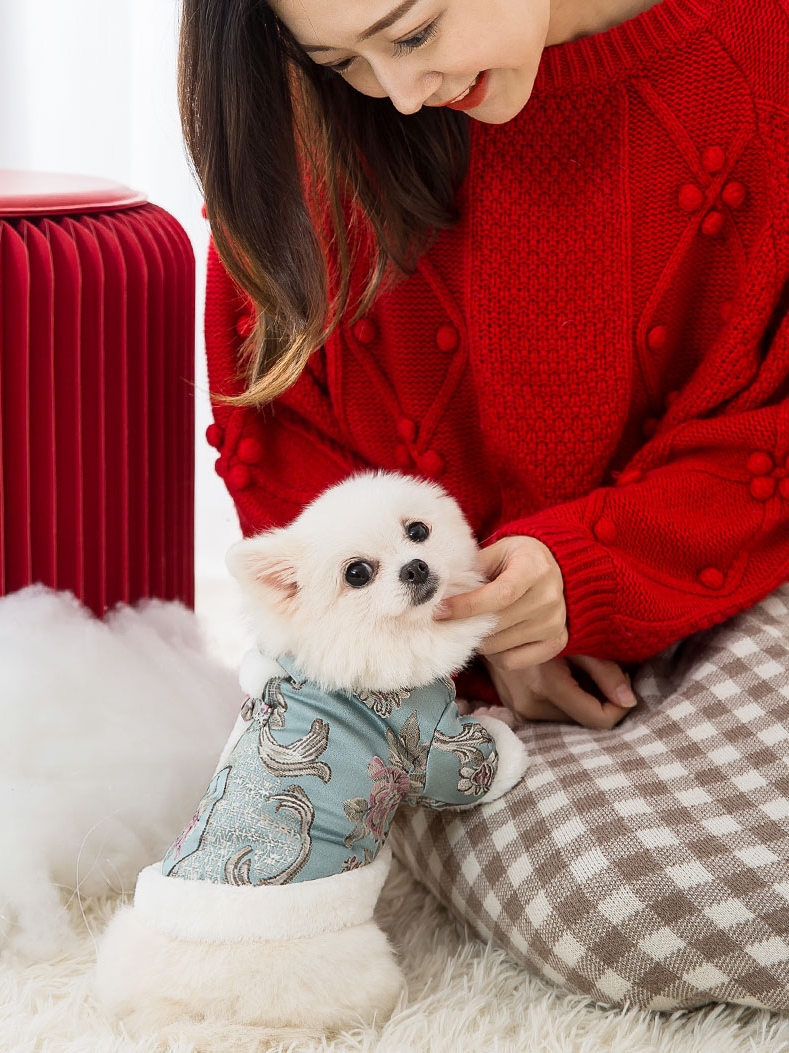 犬服 宮廷風ジャガード刺繍入りファー付き犬用ベスト