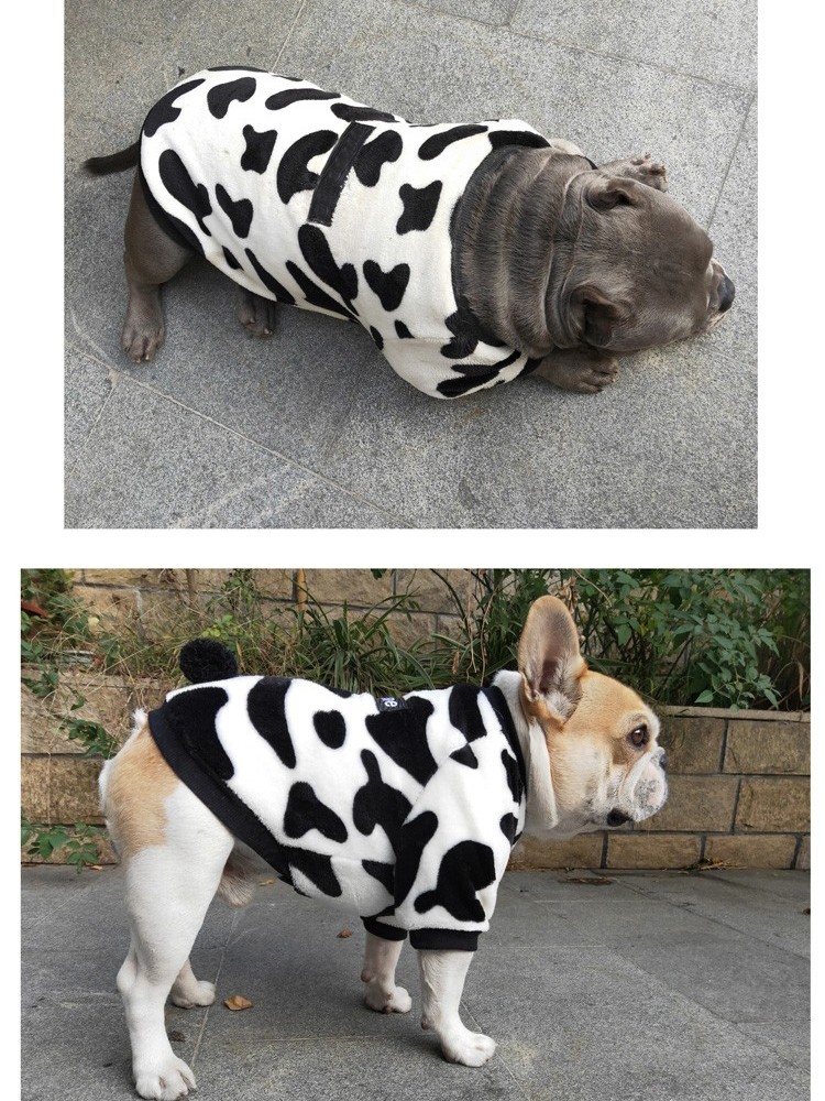 犬服 牛柄もこもこフード付き全身犬服アウター