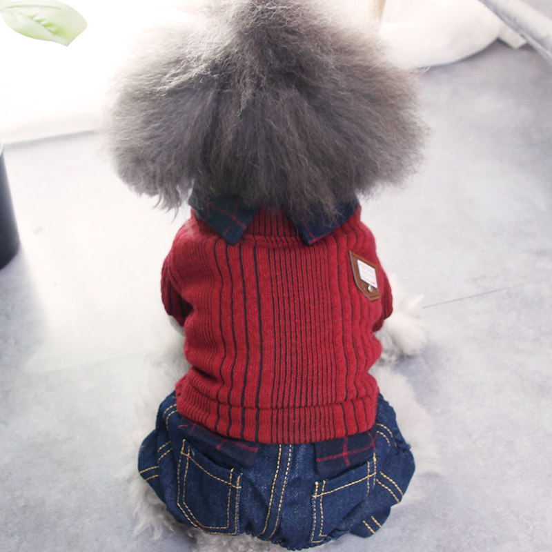 犬服 チェック襟付きリブニットベスト風デニムパンツセット