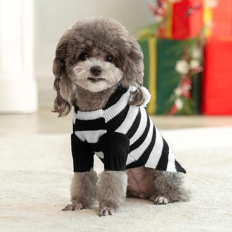 犬服 ふわもこポンポン付きボーダーニット