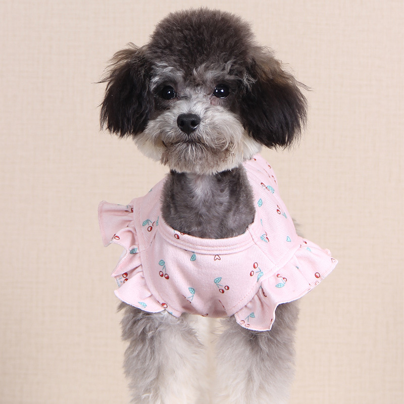 犬服 さくらんぼとハート柄フリル袖犬服