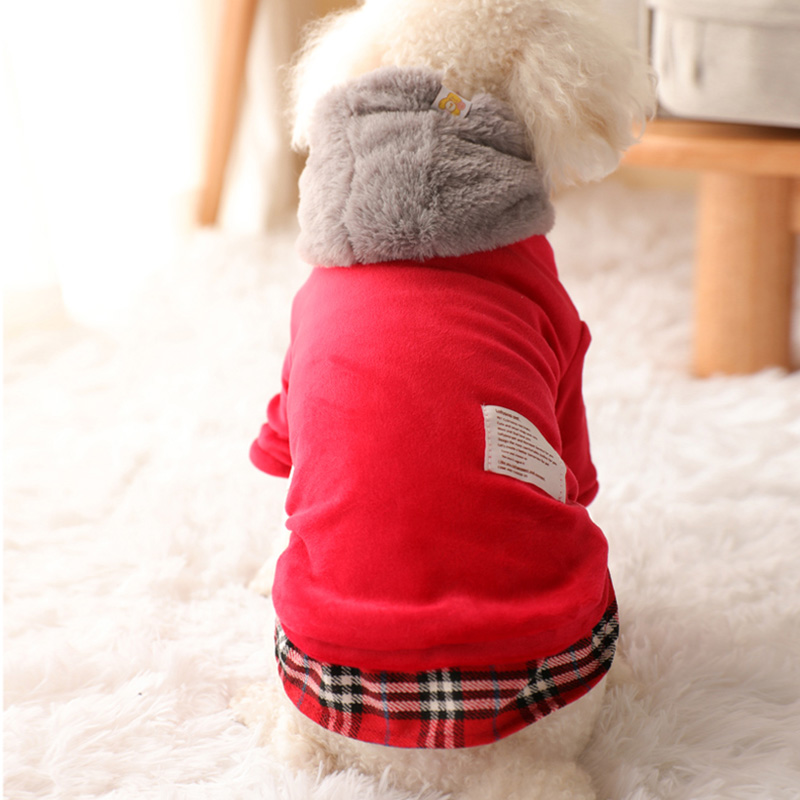 犬服 もこもこファー襟チェック裾切替パーカー