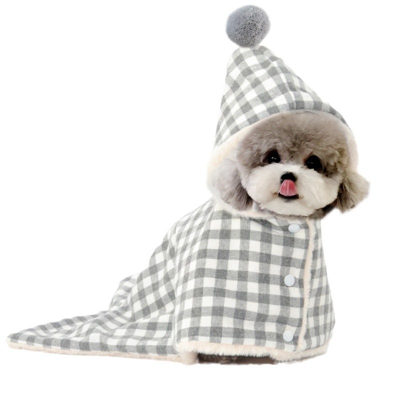 犬服 チェック柄ボンボン付きもこもこ裏地パーカー