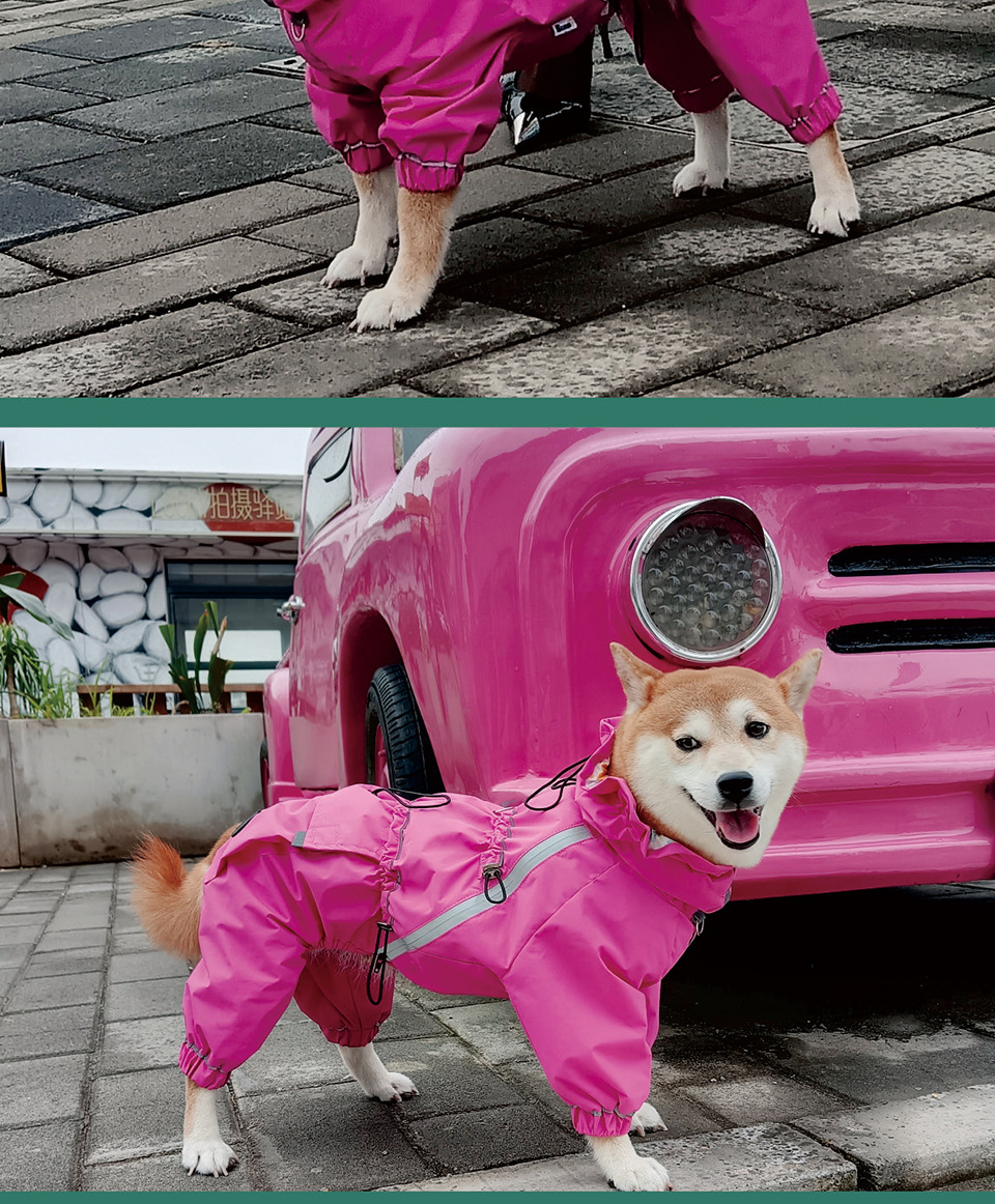 犬服 反射テープ付き四足つなぎ防水犬服レインコート