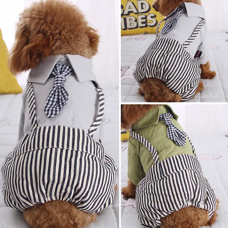 犬服 襟付きネクタイ風吊りズボン付きワンピース