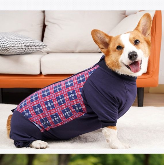 犬服 タートルネックチェック柄切替つなぎ