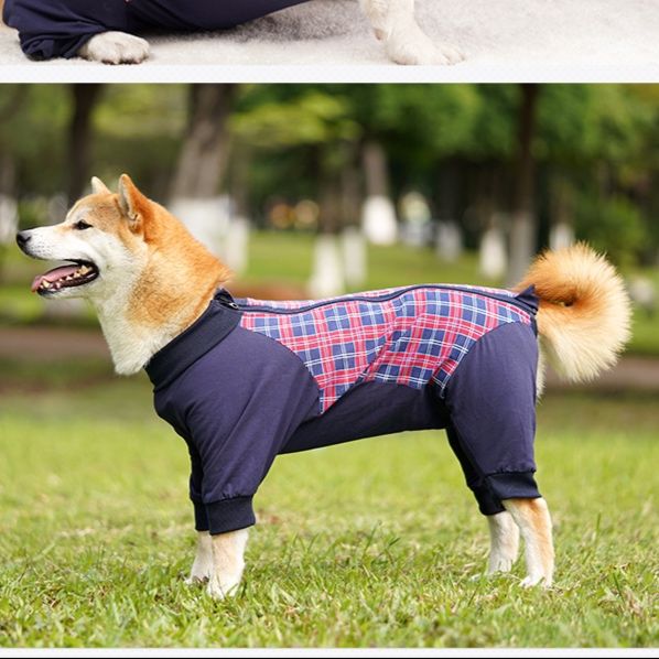 犬服 タートルネックチェック柄切替つなぎ