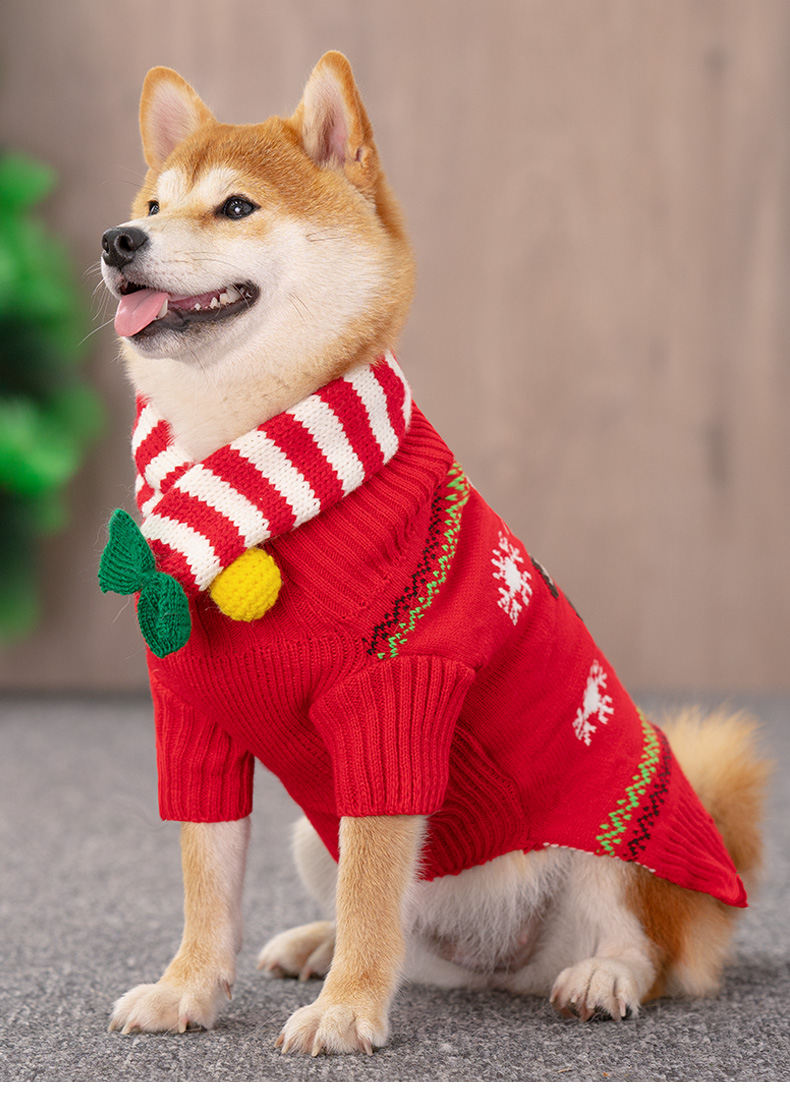 犬服 雪の結晶と駿鹿の顔柄冬季暖かニット犬服