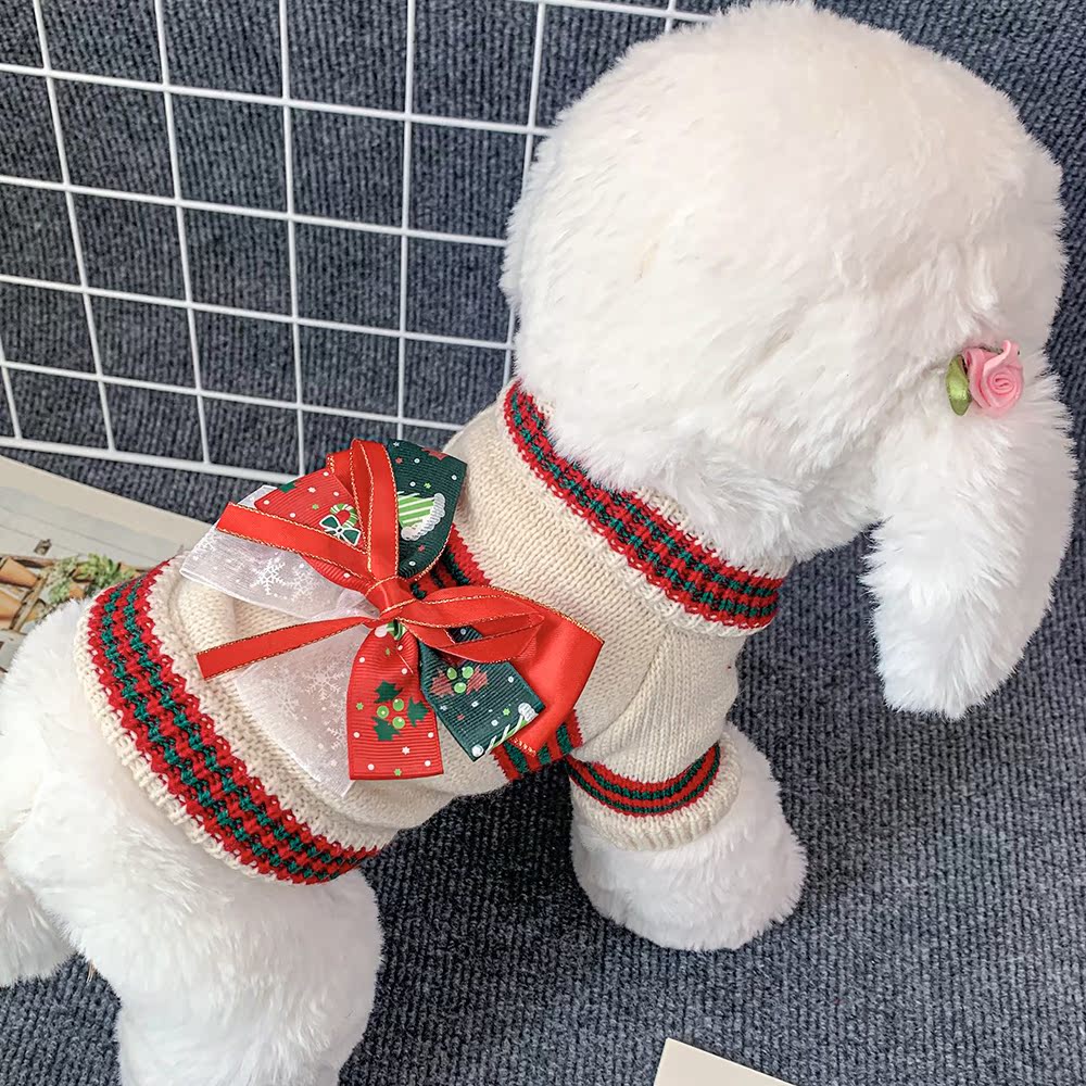 犬服 聖夜の大きなリボン飾り付きニットセーター