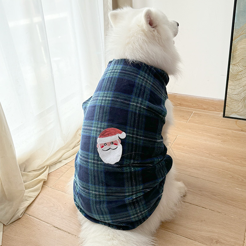 犬服 聖夜を彩るサンタ刺繍チェック柄トレーナー