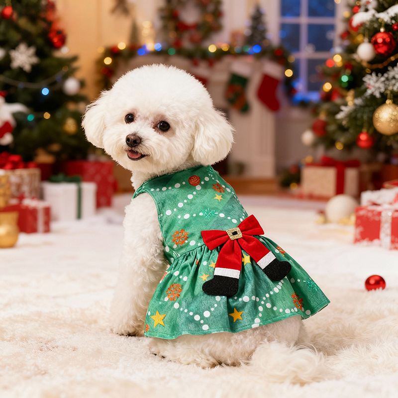 犬服 聖夜を彩る特別な日のリボン付きパーティワンピース