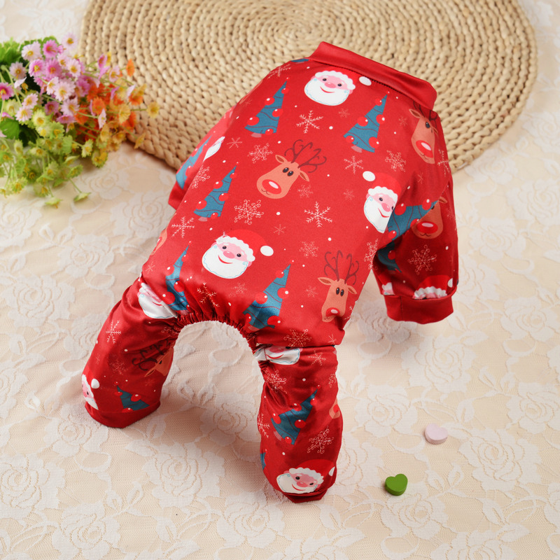 犬服 冬の聖夜を彩る雪だるまと聖人柄の四足つなぎ