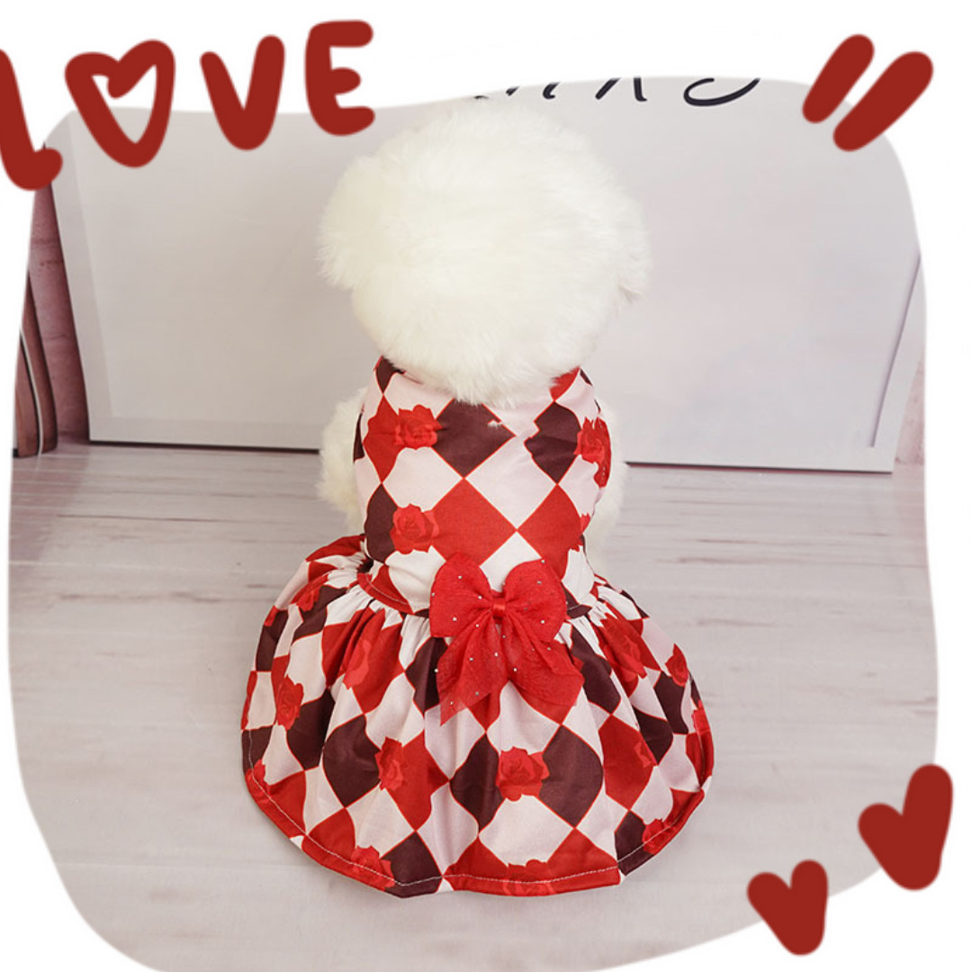 犬服 薔薇とリボンのアーガイル柄姫様ワンピース