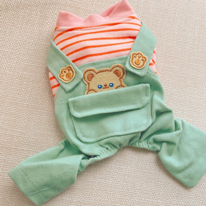 犬服 くまさん刺繍ポケット付きボーダー袖つなぎ