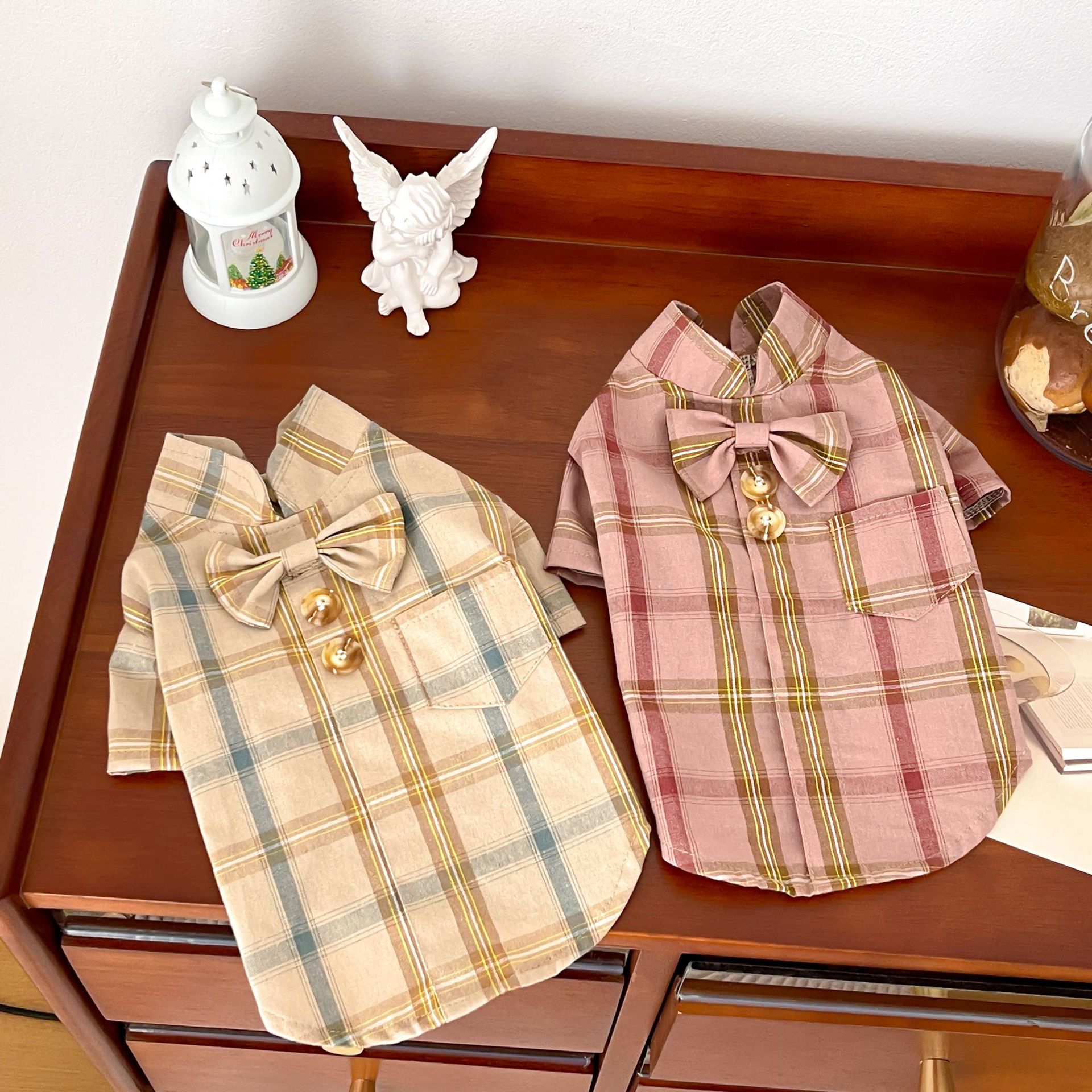 犬服 上品チェック柄リボン付き半袖犬服