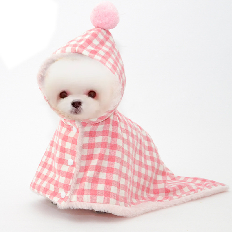 犬服 チェック柄ボンボン付きもこもこ裏地パーカー