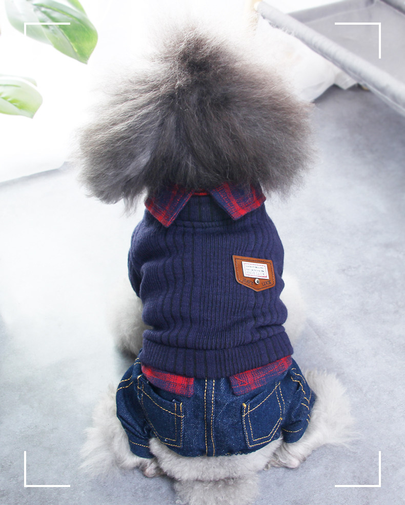 犬服 チェック襟付きリブニットベスト風デニムパンツセット