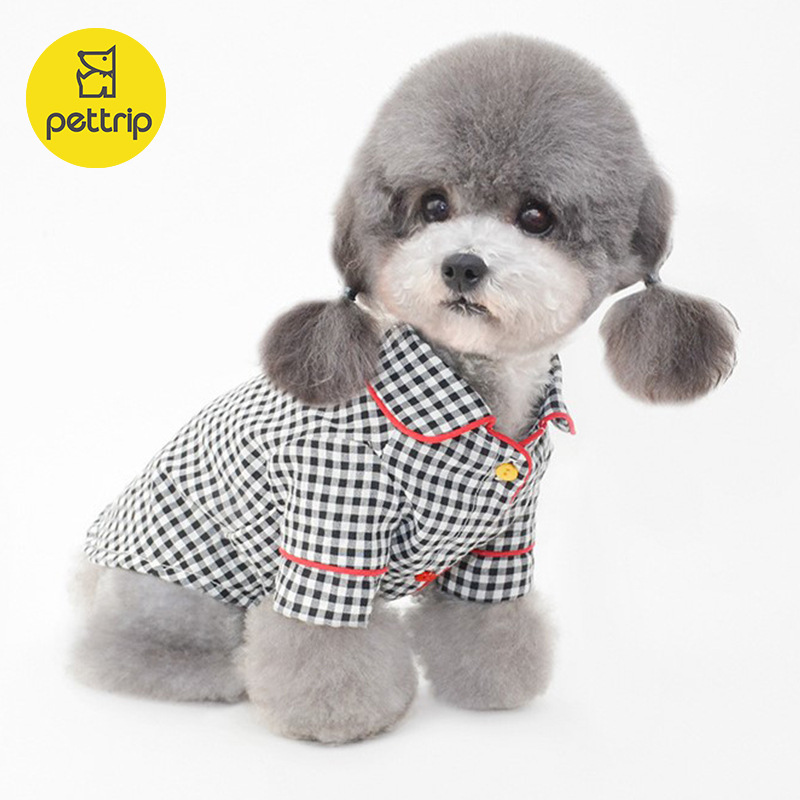 犬服 爽やかギンガムチェック柄襟付き犬用パジャマ
