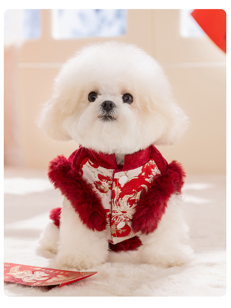 犬服 華やか刺繍入りファー付き旧正月祝い犬用ワンピース