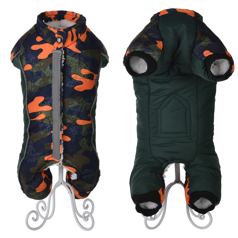 犬服 迷彩柄四つ足つなぎ型フード付き犬用トレーナー