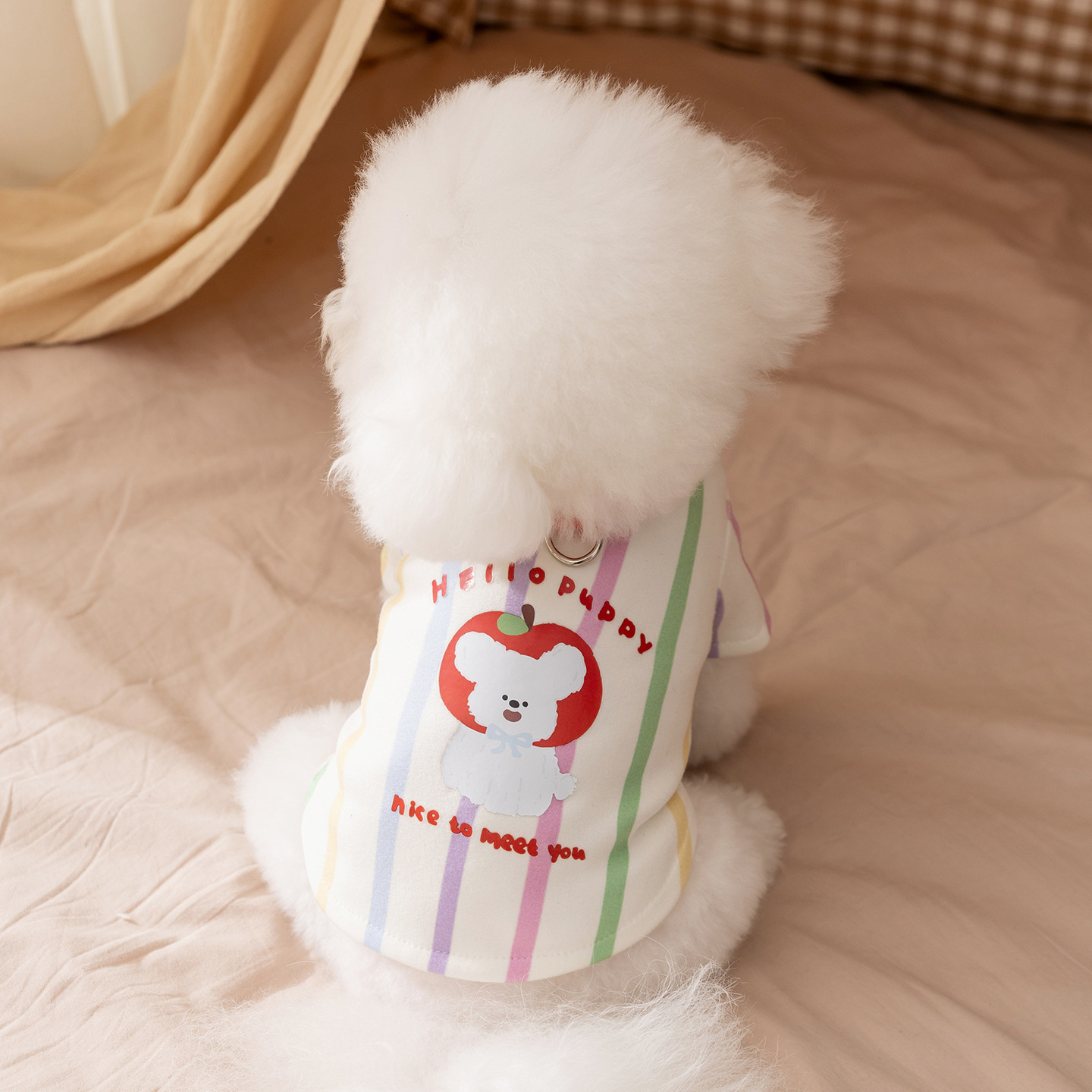 犬服 虹色ストライプ柄子犬プリント裏毛トレーナー