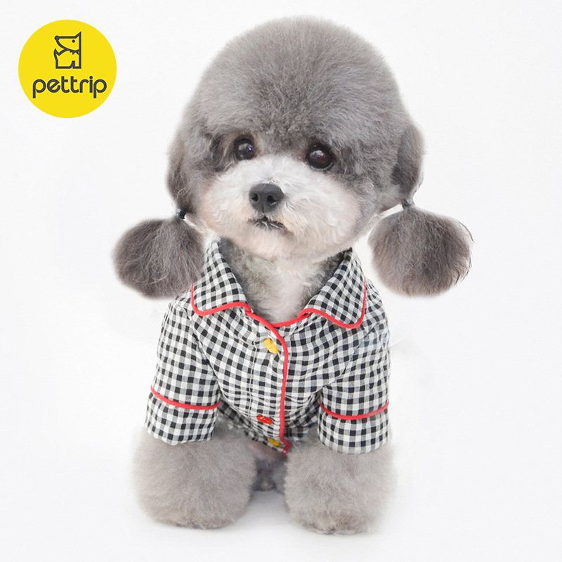 犬服 爽やかギンガムチェック柄襟付き犬用パジャマ