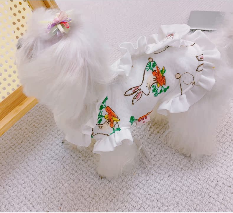 犬服 うさぎと人参刺繍の袖フリル付きワンピース