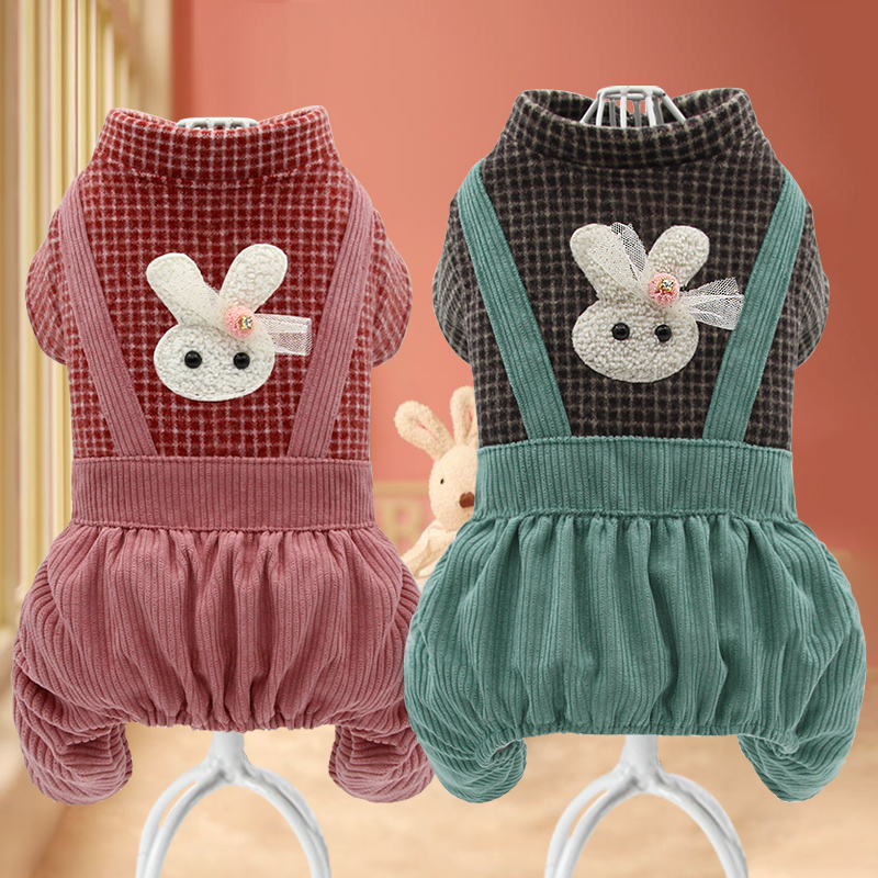 犬服 うさぎ刺繍付きチェック柄コーデュロイつなぎ