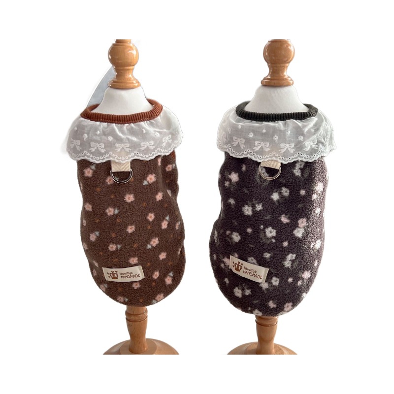 犬服 小花柄レース襟付きもこもこ手作りトレーナー