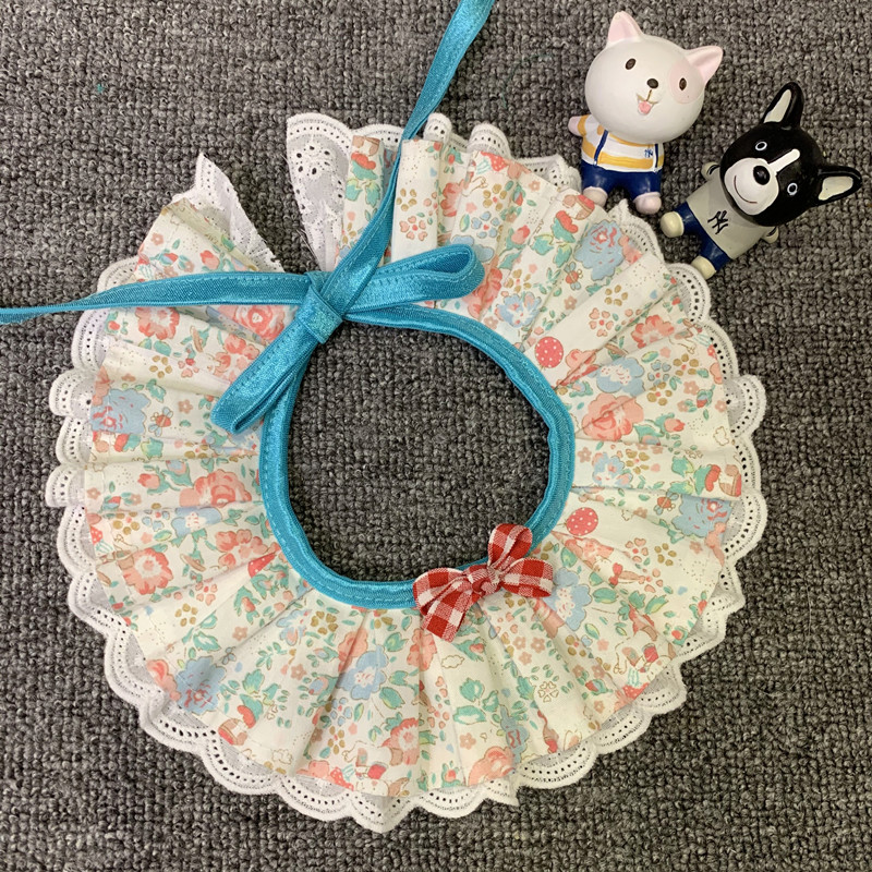 犬服 小花柄フリルつけ襟チェックリボン付き