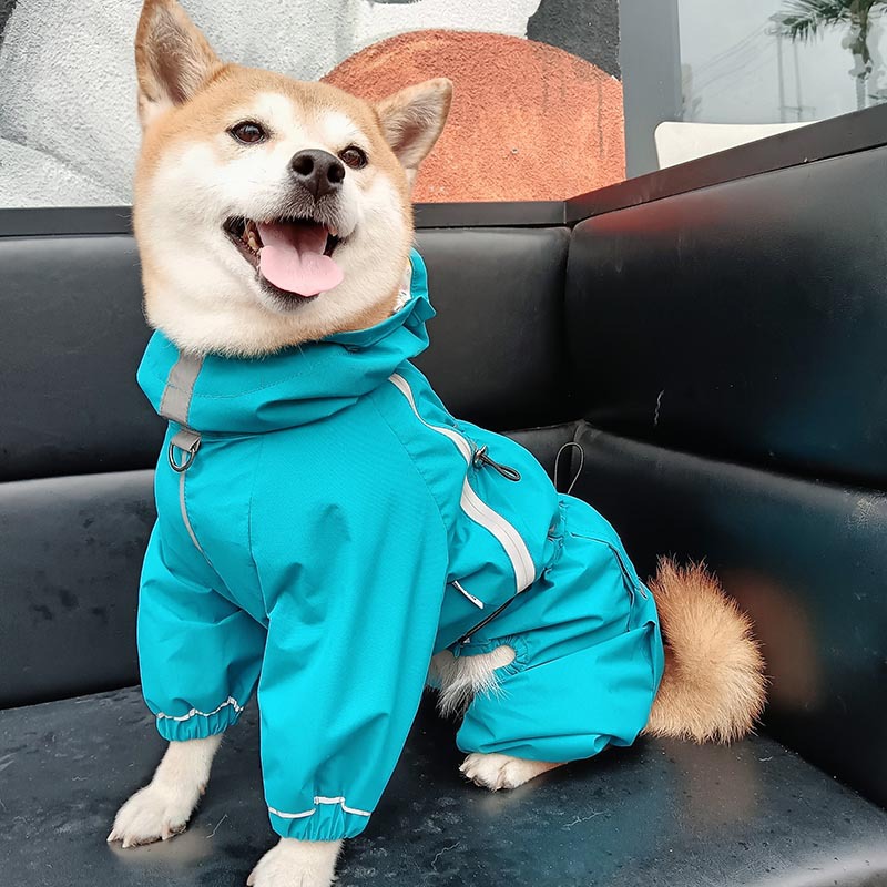 犬服 反射テープ付き四足つなぎ防水犬服レインコート