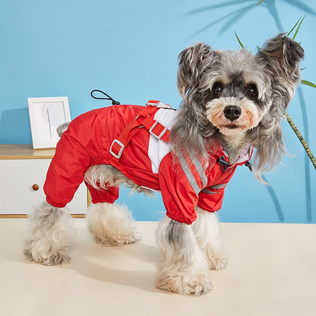 犬服 反射テープ付き全身カバー型フード付きレインコート