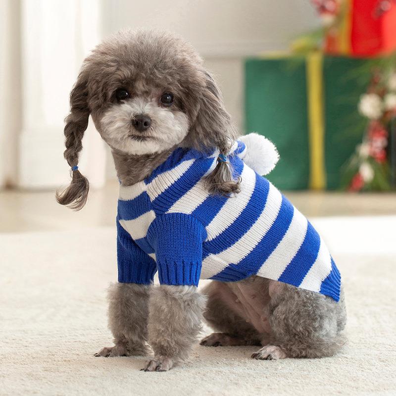 犬服 ふわもこポンポン付きボーダーニット