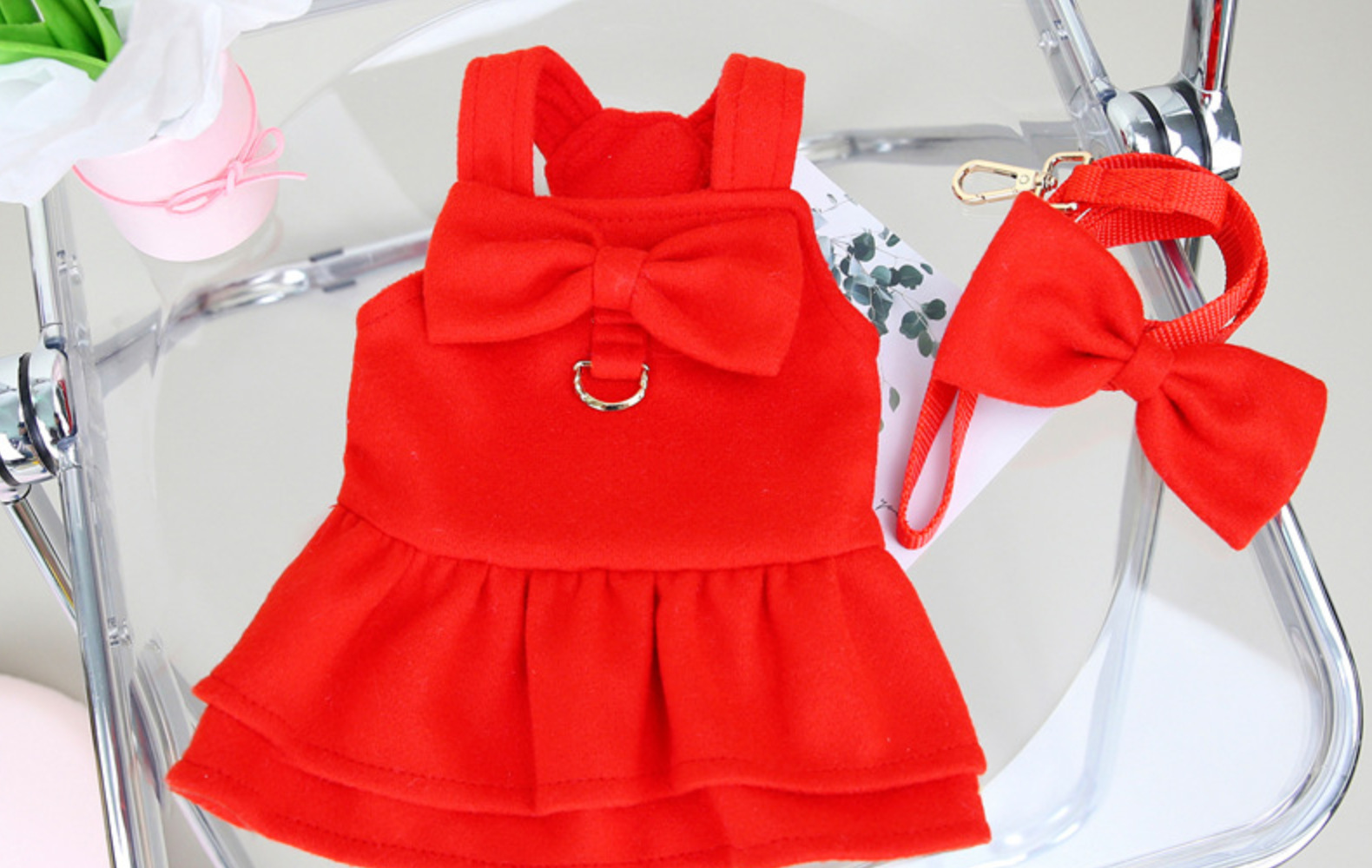 犬服 背中リボン付きフレアスカート犬用ワンピース