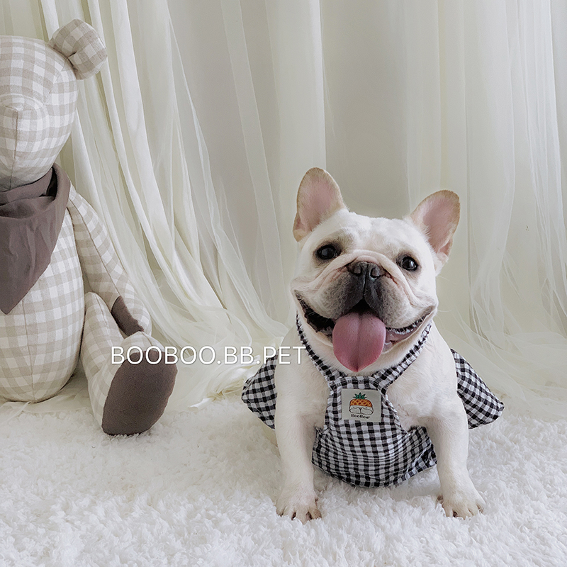 犬服 ギンガムチェック柄フラワー刺繍袖付きワンピース