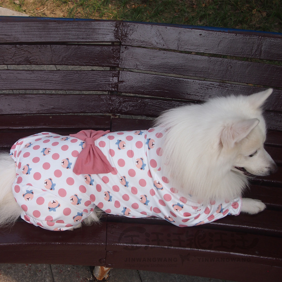 犬服 くまさんとリボンの水玉模様つなぎ型トレーナー