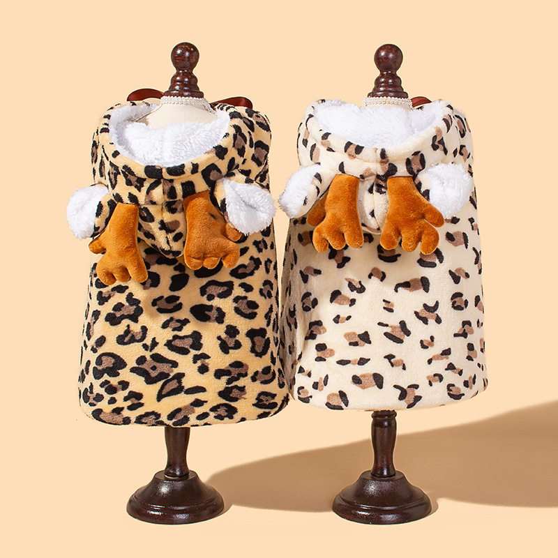 犬服 豹柄フード付きもこもこボアアウター