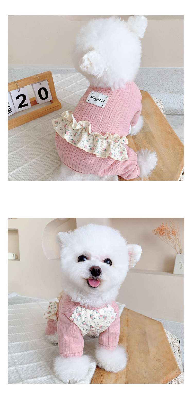 犬服 もこもこリボン付きニットオーバーオール