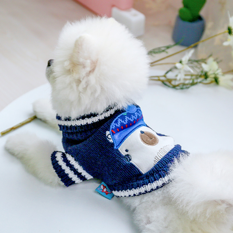 犬服 動物アップリケ付きボーダーライン犬用ニットウェア