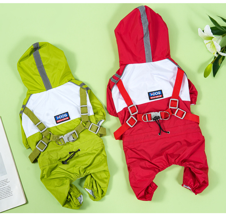 犬服 反射テープ付き全身カバー型フード付きレインコート