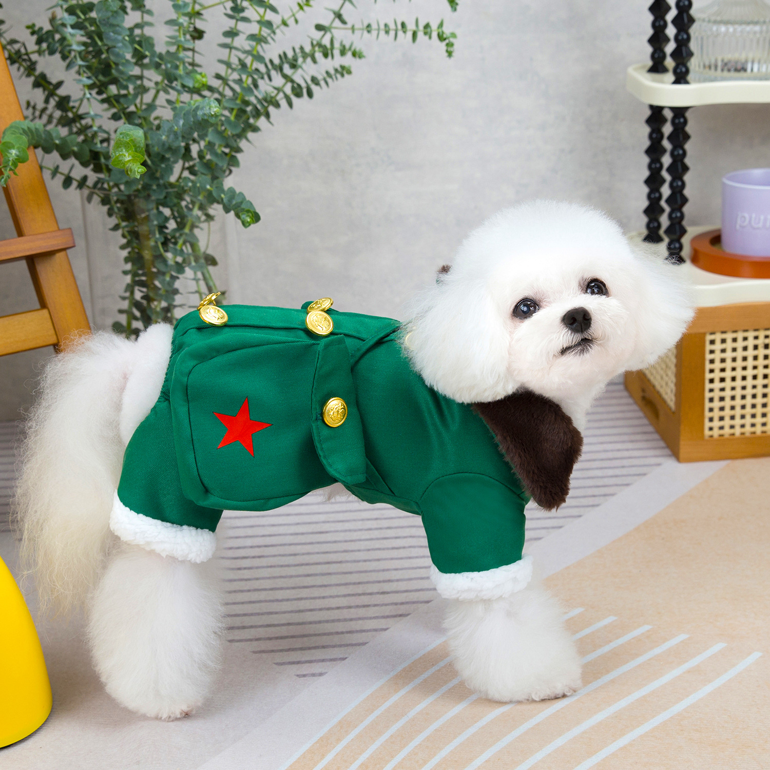 犬服 星刺繍入りダブルボタン襟付き四足犬服コート