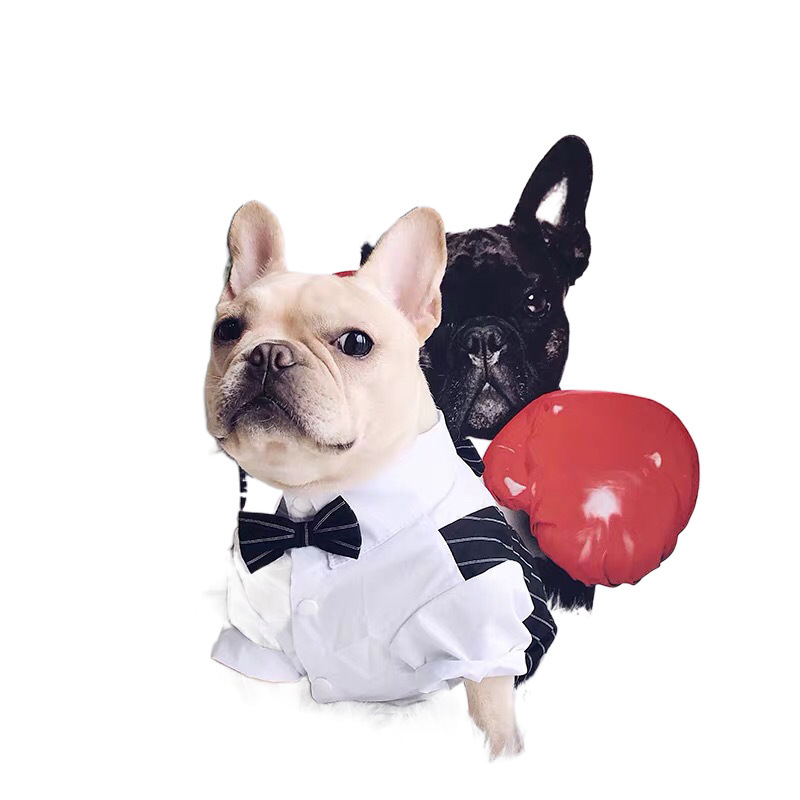 犬服 蝶ネクタイ付きストライプベスト風犬用Tシャツ