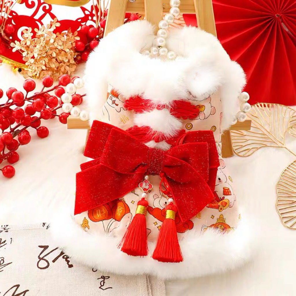 犬服 新春招福うさぎ柄ファー付き華やかワンピース