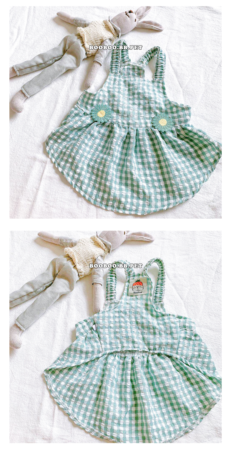 犬服 ギンガムチェック柄フラワー刺繍袖付きワンピース