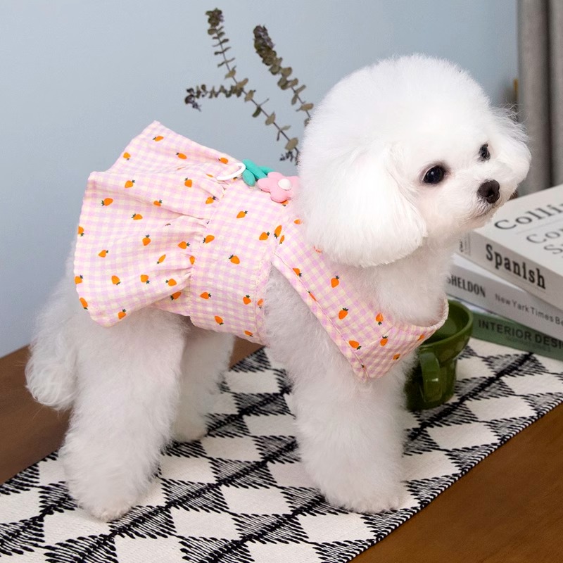 犬服 お花と果実の格子柄ワンピース