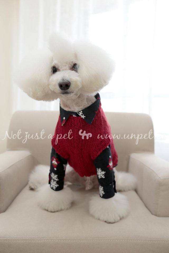 犬服 雪だるま柄襟付き四足パジャマ