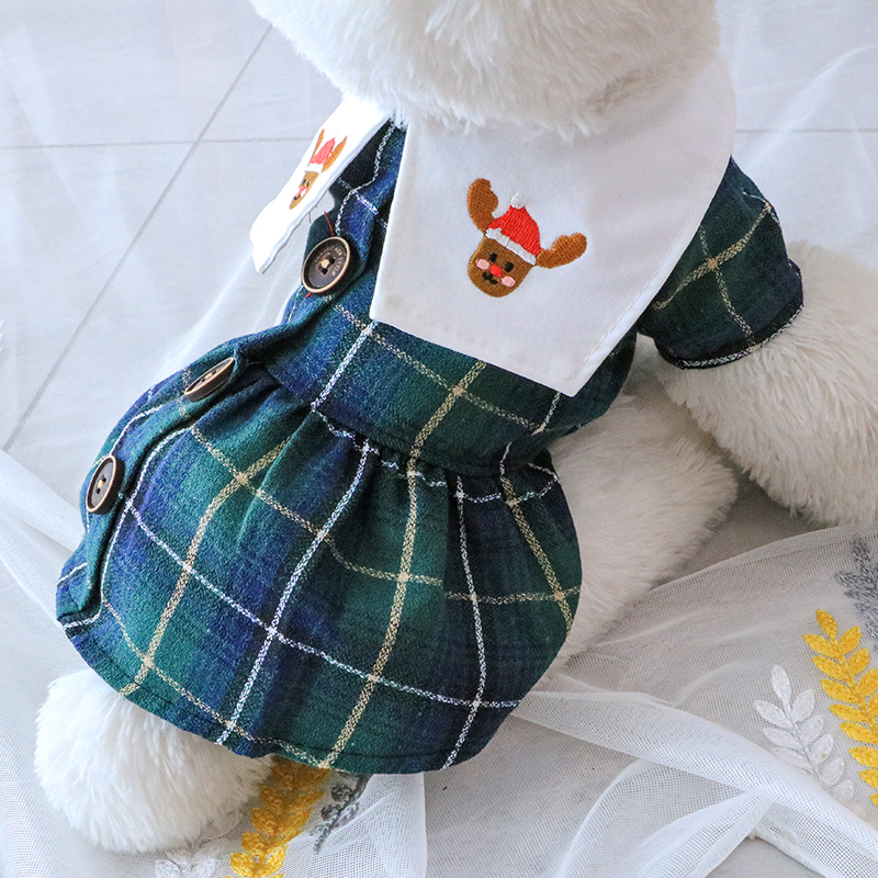 小熊刺繍入りチェック柄ワンピース風犬服