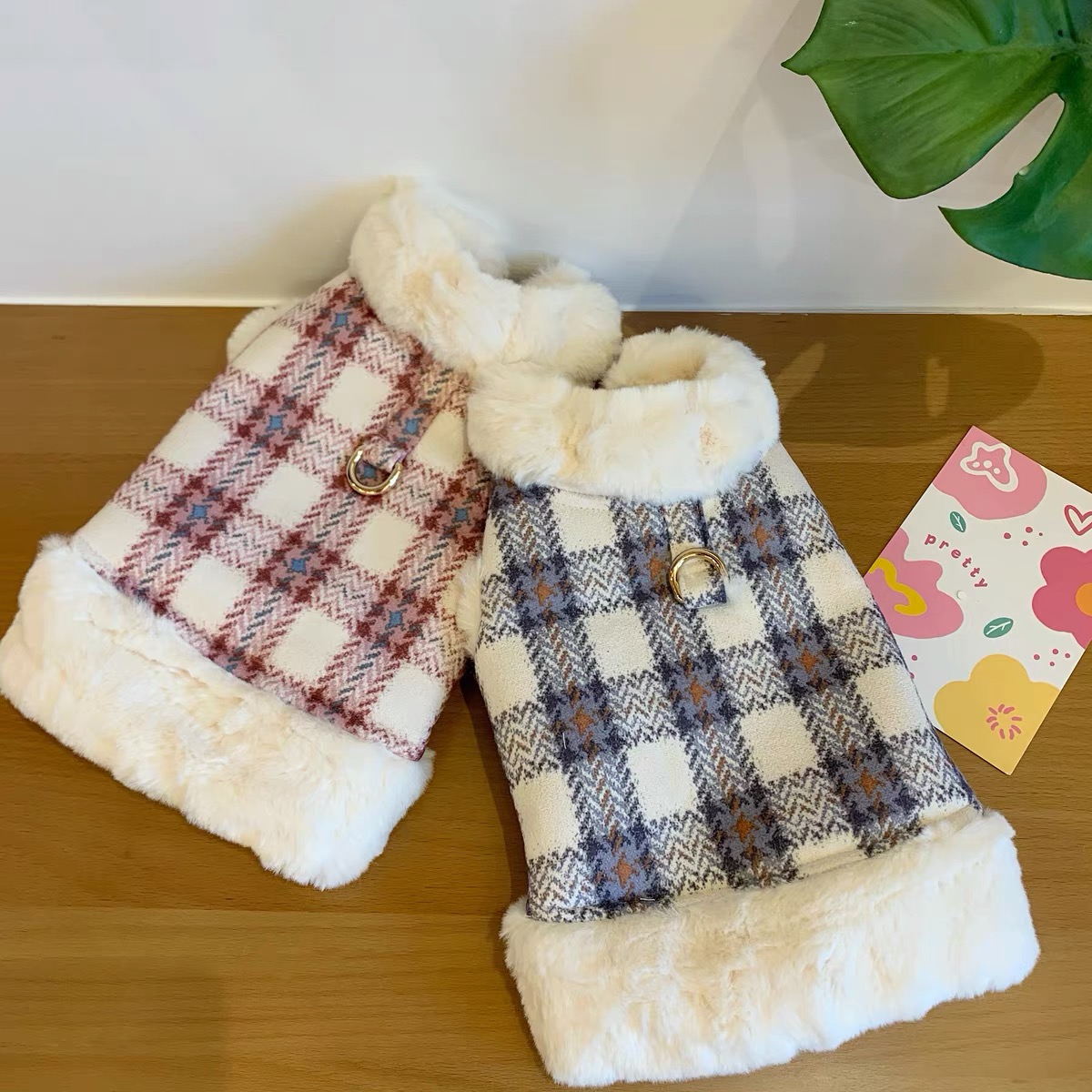 犬服 ツイード調もこもこファー付き上品コート