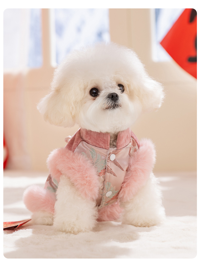 犬服 華やか刺繍入りファー付き旧正月祝い犬用ワンピース